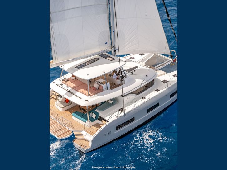 TRI WING - Lagoon 55,aerial view capturing the aft deck and flybridge