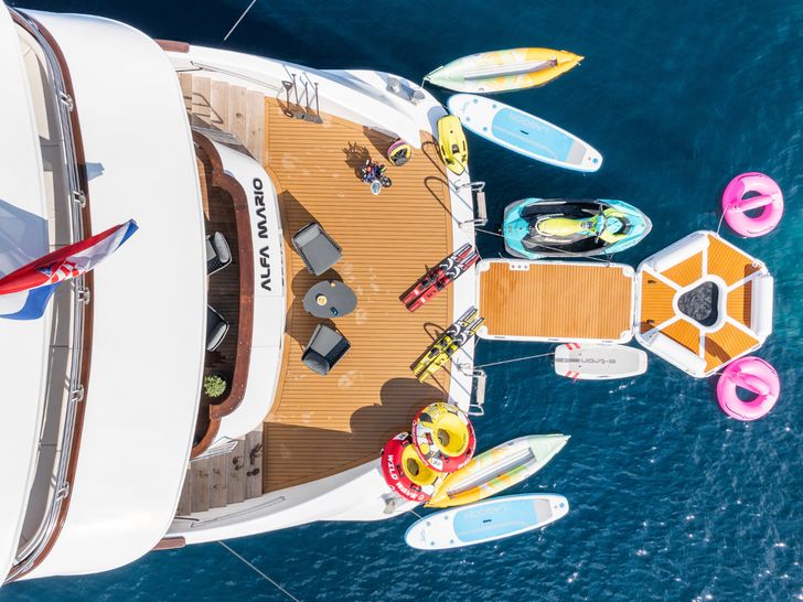 ALFA MARIO Custom 52m - aft top shot with water toys ALFA MARIO Custom 52m - aft top shot with water toys
