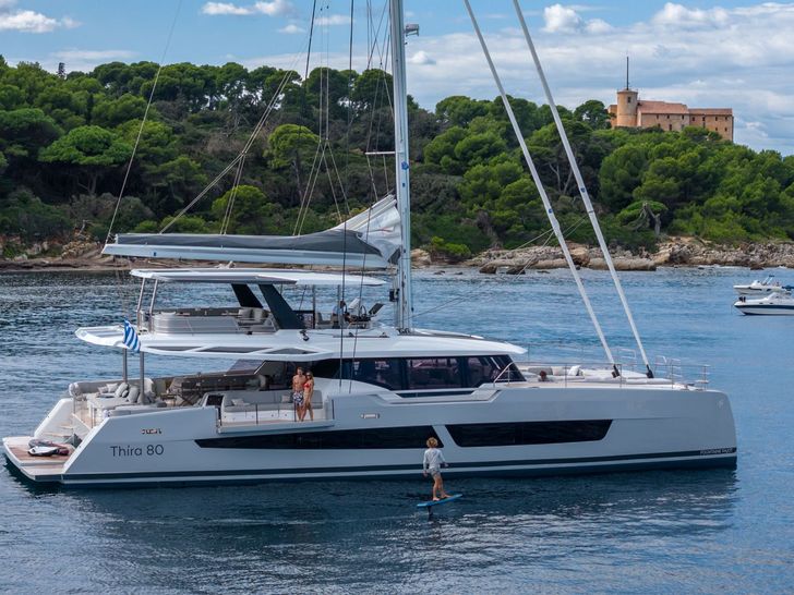 SERENISSIMA III Fountaine Pajot 80 - anchored side profile SERENISSIMA III Fountaine Pajot 80 - anchored side profile