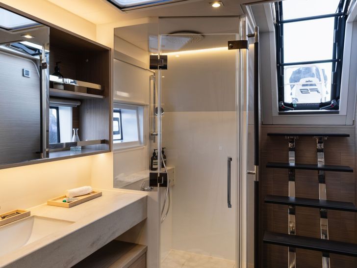 WISH Lagoon 60 - master cabin bathroom wide shot WISH Lagoon 60 - master cabin bathroom wide shot