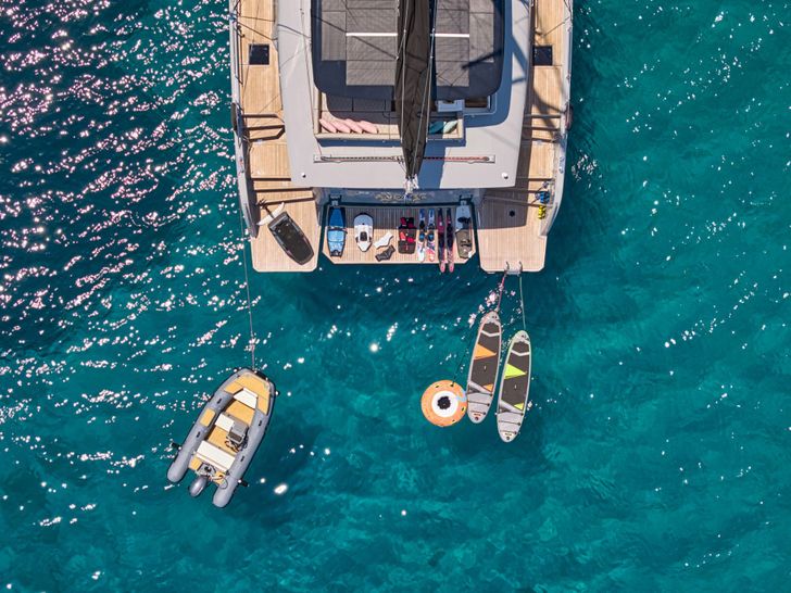 ZORA NUA Heysea 60 - top aft shot with the water toys ZORA NUA Heysea 60 - top aft shot with the water toys
