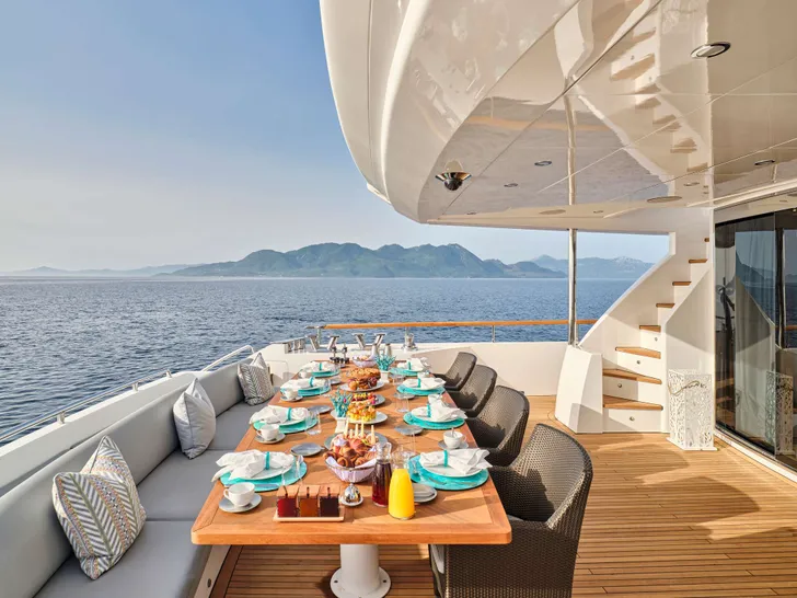 DRAGON Guy Couach 37m - main aft deck alfresco dining area DRAGON Guy Couach 37m - main aft deck alfresco dining area