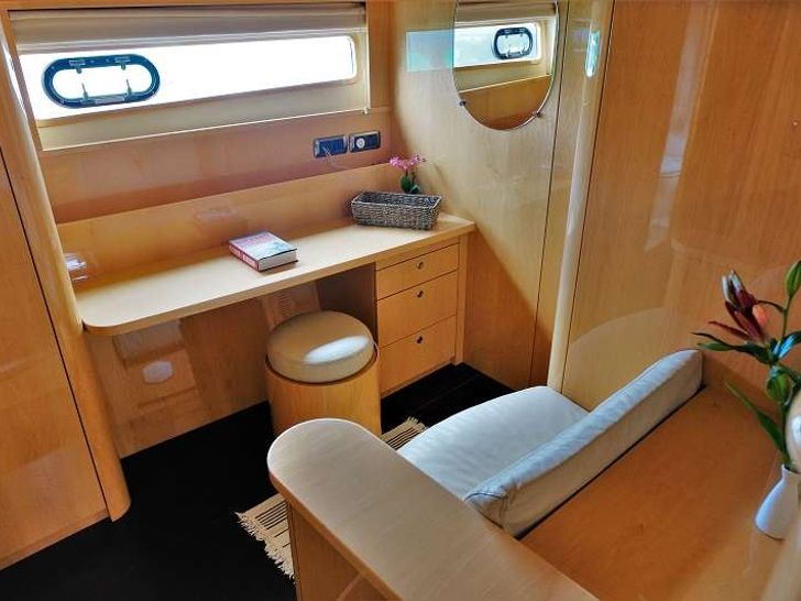 Master seating area with desk and standing closets