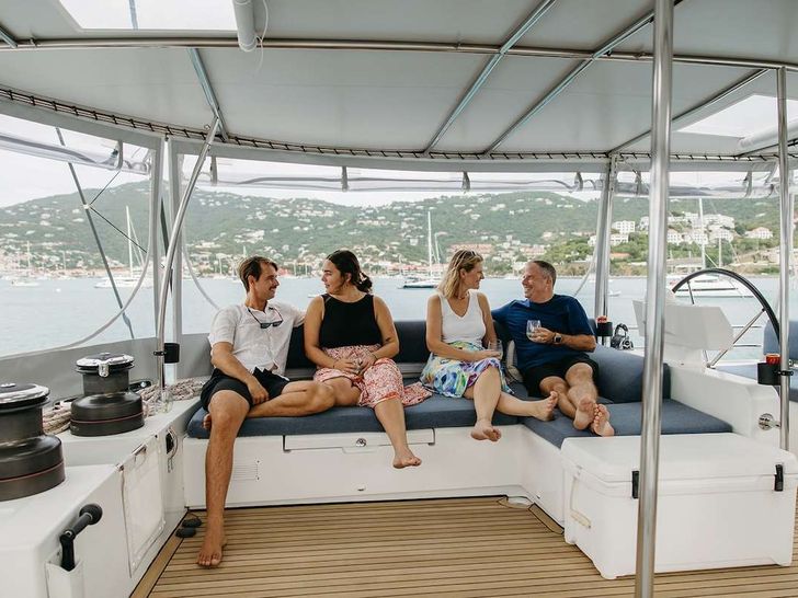 SAIL AWAY Lagoon 620 - guests on the flybridge SAIL AWAY Lagoon 620 - guests on the flybridge