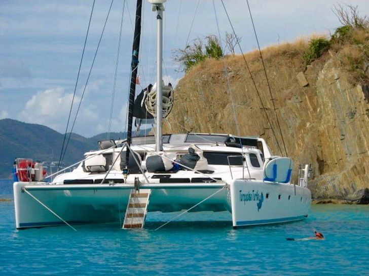 TURQUOISE TURTLE Voyage 50 - anchored bow view TURQUOISE TURTLE Voyage 50 - anchored bow view