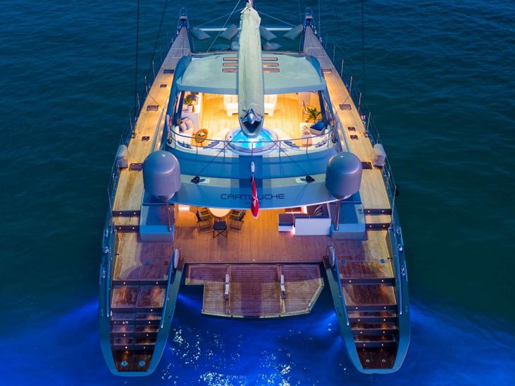 CARTOUCHE Blue Coast 95 - aft shot at night CARTOUCHE Blue Coast 95 - aft shot at night