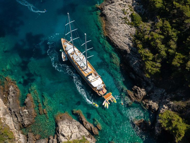 DALMATINO Custom Motor Sailer 43m - top aerial shot anchored DALMATINO Custom Motor Sailer 43m - top aerial shot anchored