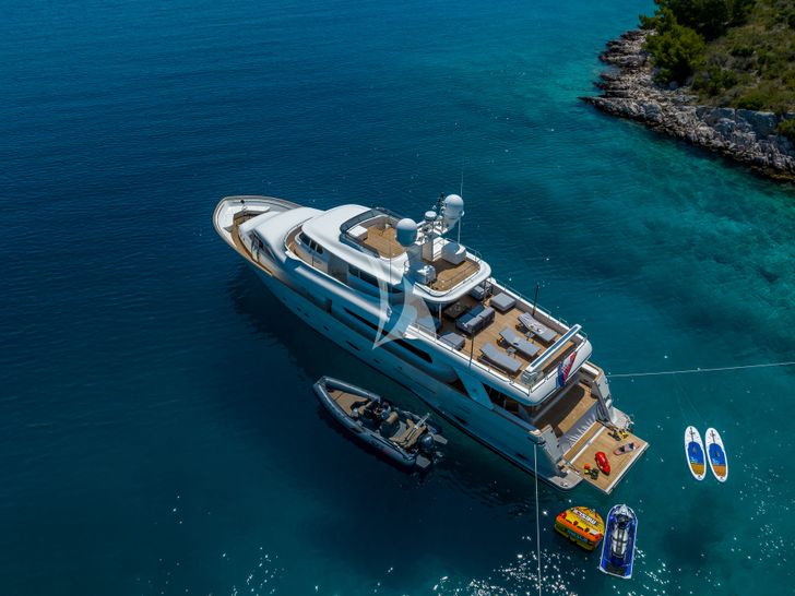 KLOBUK Ferretti Custom Line Navetta 30 - aerial shot anchored KLOBUK Ferretti Custom Line Navetta 30 - aerial shot anchored