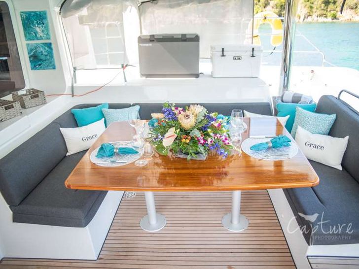 GRACE Lagoon 52 - aft deck alfresco dining area GRACE Lagoon 52 - aft deck alfresco dining area