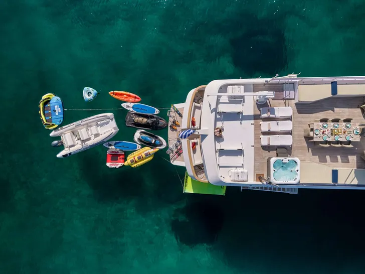 LADY RINA Baglietto 120 - top aft shot with the water toys LADY RINA Baglietto 120 - top aft shot with the water toys
