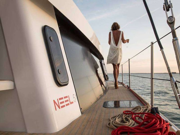 Generous deck clearance that leads to a flat foredeck with large trampolines