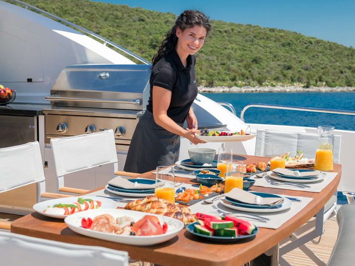 QUANTUM Sunseeker Predator 108 Crewed Motor Yacht Breakfast Setup QUANTUM Sunseeker Predator 108 Crewed Motor Yacht Breakfast Setup