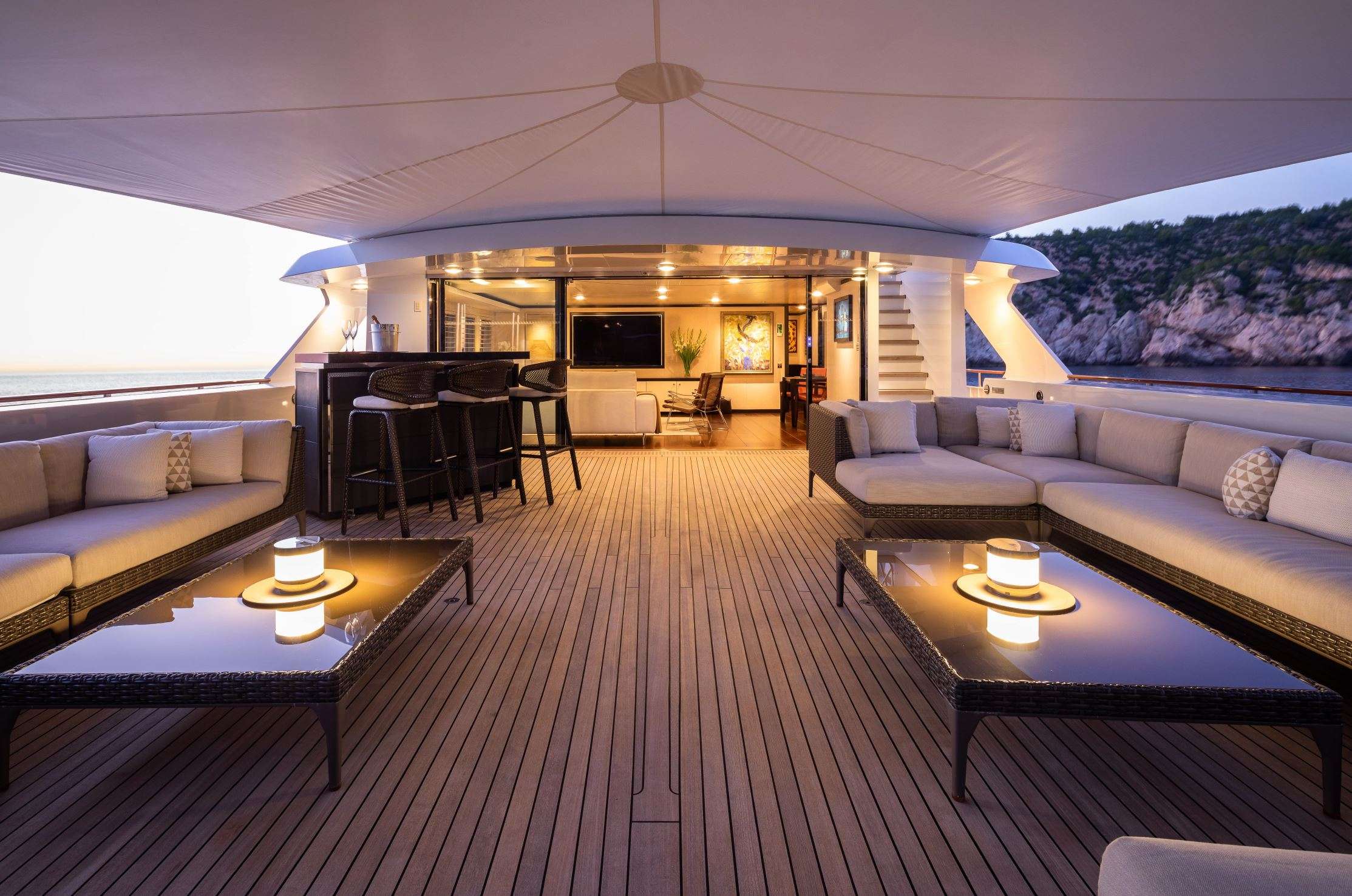MIRAGE Feadship 53m - sky deck bar lounge at night