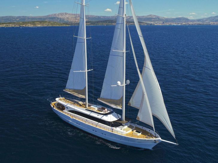 ACAPELLA Leda Motor Sailer 49m - aerial shot sailing ACAPELLA Leda Motor Sailer 49m - aerial shot sailing