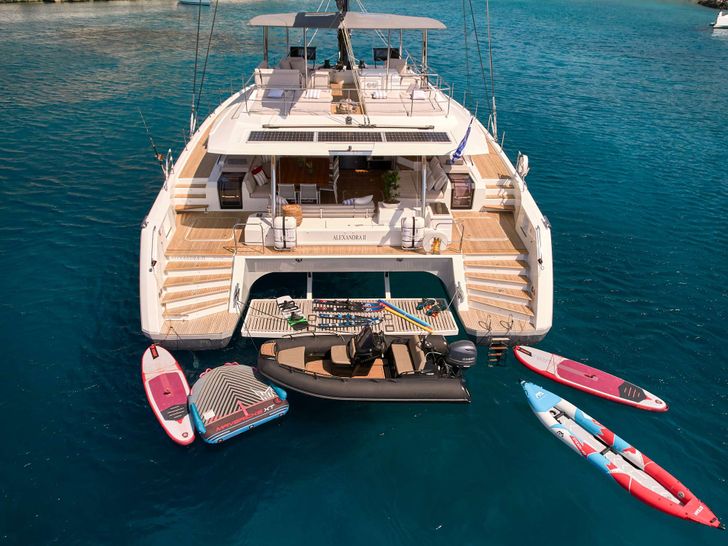 ALEXANDRA II Fountaine Pajot Alegria 67 - aft shot with the water toys ALEXANDRA II Fountaine Pajot Alegria 67 - aft shot with the water toys