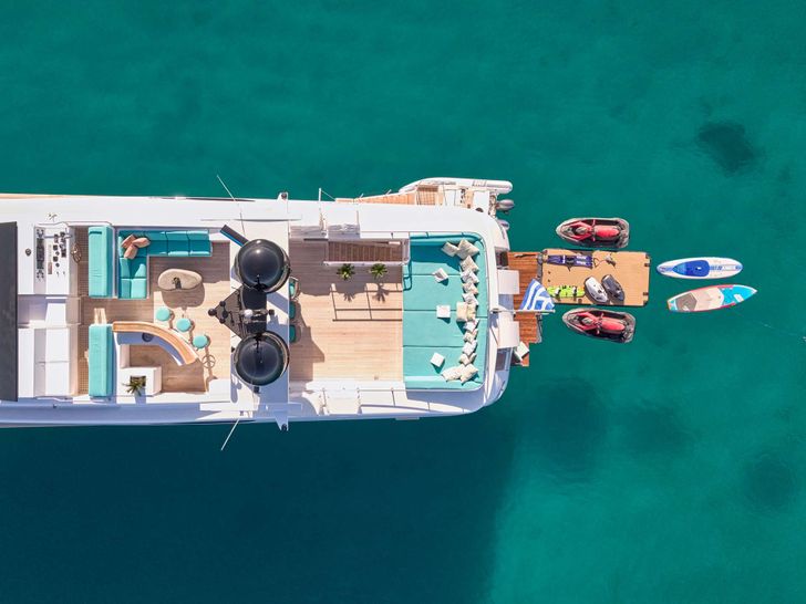 LOANA Baglietto 34m - top aft shot with the water toys LOANA Baglietto 34m - top aft shot with the water toys