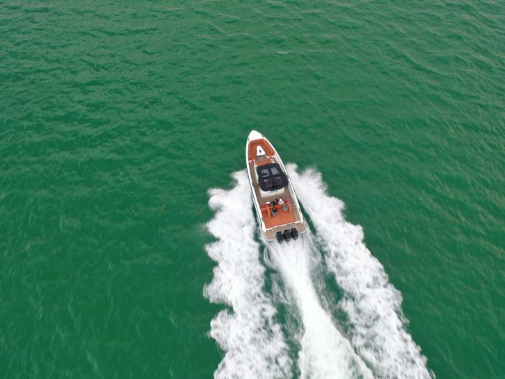 SMART - Vanquish 40 ft,cruising aerial top view SMART - Vanquish 40 ft,cruising aerial top view