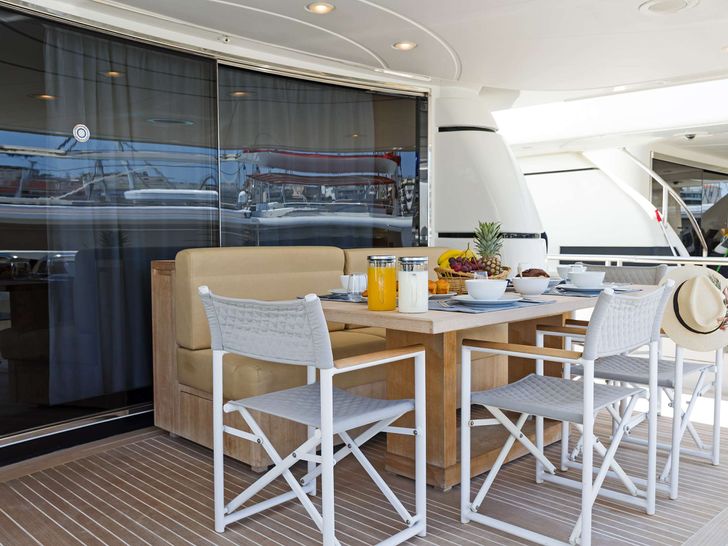 ALEGRIA Sanlorenzo 82 - aft deck seating and dining area ALEGRIA Sanlorenzo 82 - aft deck seating and dining area
