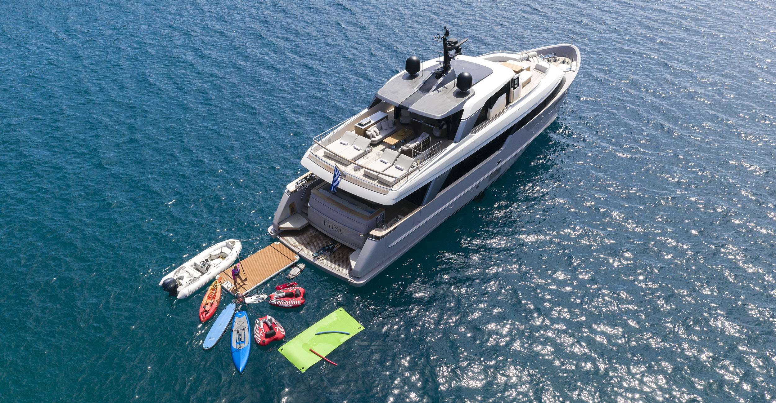 FATSA Sanlorenzo SD96 - anchored aerial shot with the water toys
