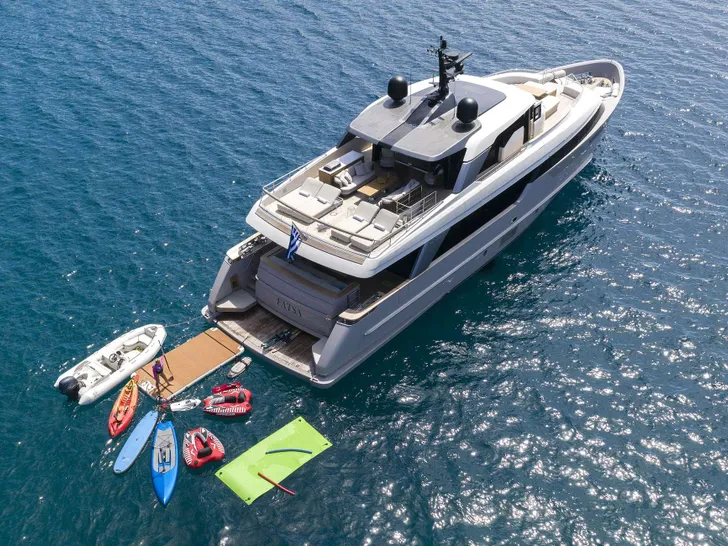 FATSA Sanlorenzo SD96 - anchored aerial shot with the water toys FATSA Sanlorenzo SD96 - anchored aerial shot with the water toys