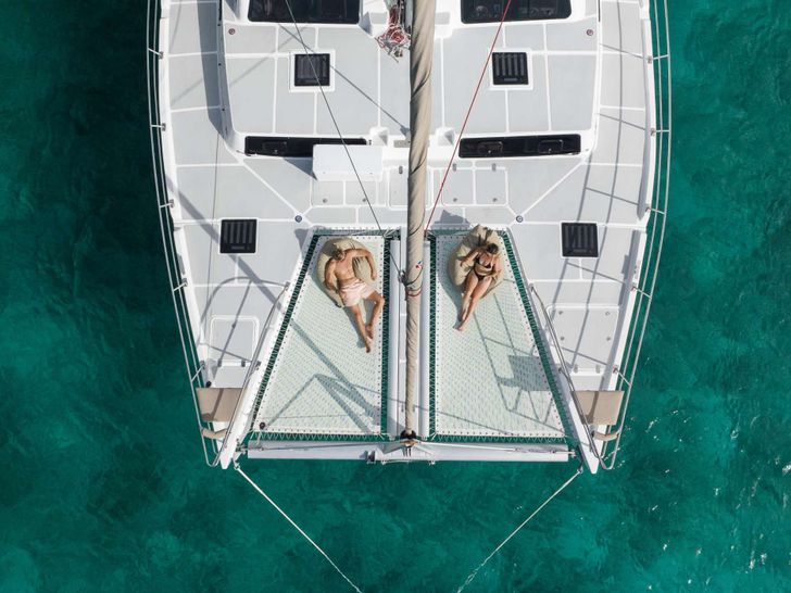 TAPAS - Royal Cape 570,aerial shot of twin trampolines by the bow TAPAS - Royal Cape 570,aerial shot of twin trampolines by the bow