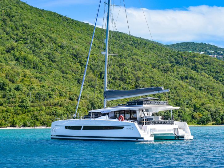 G3 Fountain Pajot Aura 51 - anchored aft view G3 Fountain Pajot Aura 51 - anchored aft view