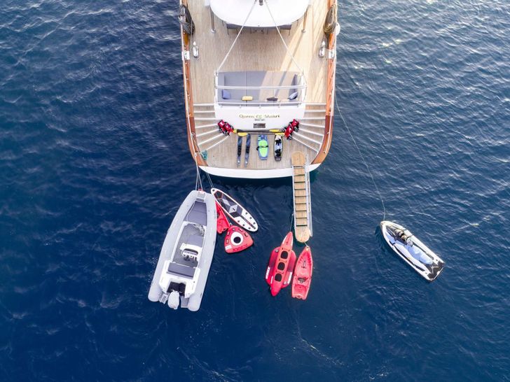 QUEEN OF MAKRI Custom Sailing Yacht 40m - aft aerial shot QUEEN OF MAKRI Custom Sailing Yacht 40m - aft aerial shot