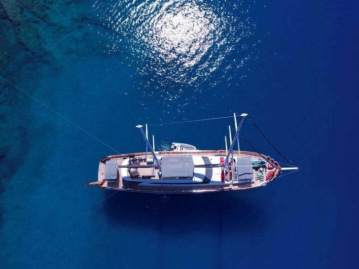 QUEEN OF MAKRI Custom Sailing Yacht 40m - top aerial shot QUEEN OF MAKRI Custom Sailing Yacht 40m - top aerial shot