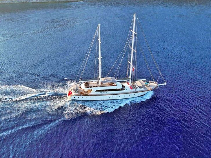 QUEEN OF MAKRI Custom Sailing Yacht 40m - aerial shot cruising QUEEN OF MAKRI Custom Sailing Yacht 40m - aerial shot cruising