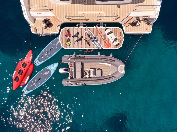 AZUL Lagoon 55 - swimming platform aerial shot with water toys AZUL Lagoon 55 - swimming platform aerial shot with water toys