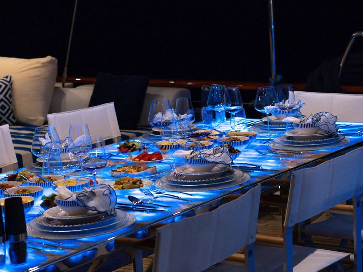 DOUBLE EAGLE 40m Custom Gulet Dining Area Evening 2 DOUBLE EAGLE 40m Custom Gulet Dining Area Evening 2