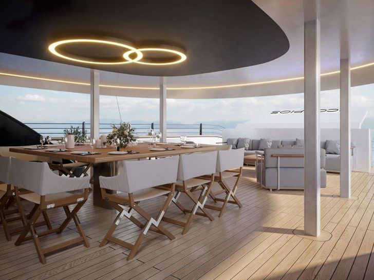 SCORPIOS Custom Build 52m Crewed Motor Sailer Maindeck dining SCORPIOS Custom Build 52m Crewed Motor Sailer Maindeck dining