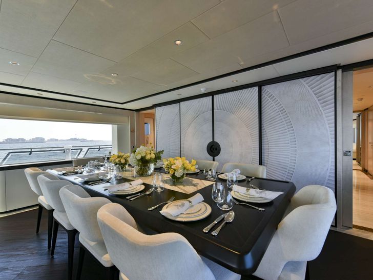 ROCKET ONE - Gulf Craft Majesty 121 ft,indoor dining area ROCKET ONE - Gulf Craft Majesty 121 ft,indoor dining area