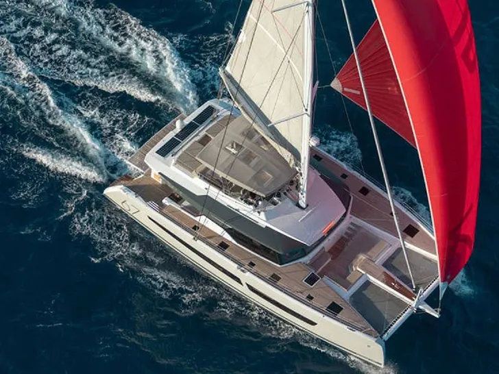 LOOMA Fountaine Pajot Alegria 67 - cruising aerial shot LOOMA Fountaine Pajot Alegria 67 - cruising aerial shot
