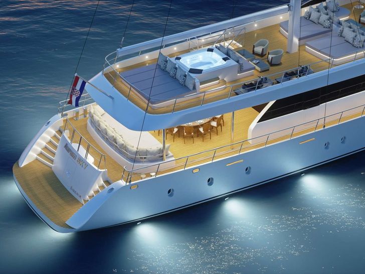 AURUM SKY - Custom Sailing Yacht 43m,aerial stern view AURUM SKY - Custom Sailing Yacht 43m,aerial stern view