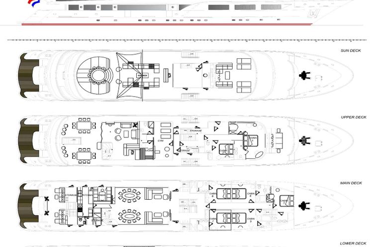Layout for BLACK SWAN - Custom Yacht 50 m, luxury motor yacht layout