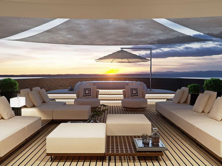 BLACK SWAN - Custom Yacht 50 m,flybridge seating area under the sunset BLACK SWAN - Custom Yacht 50 m,flybridge seating area under the sunset