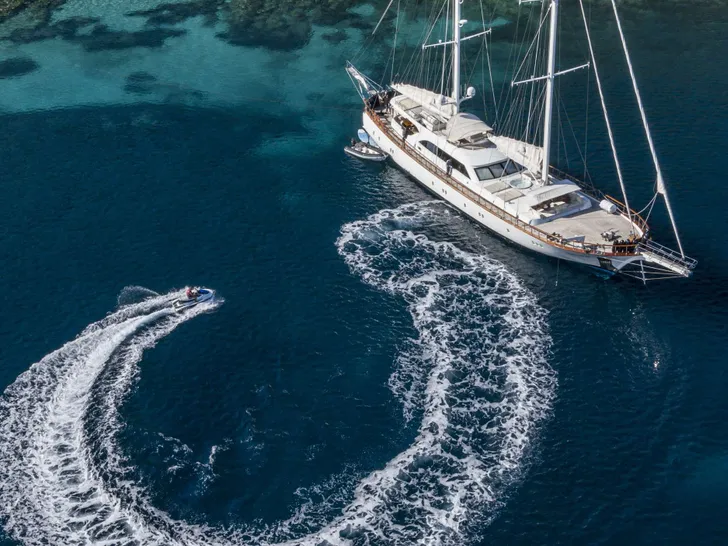 ALESSANDRO I Custom Sailing Yacht 40m - anchored aerial shot ALESSANDRO I Custom Sailing Yacht 40m - anchored aerial shot