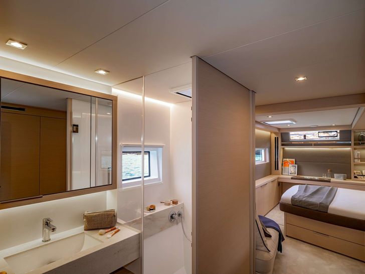 NOMAD Lagoon 55 - master cabin vanity unit and shower area NOMAD Lagoon 55 - master cabin vanity unit and shower area