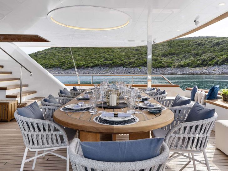 MAXITA Custom Sailing Yacht 39m - aft deck alfresco dining area MAXITA Custom Sailing Yacht 39m - aft deck alfresco dining area