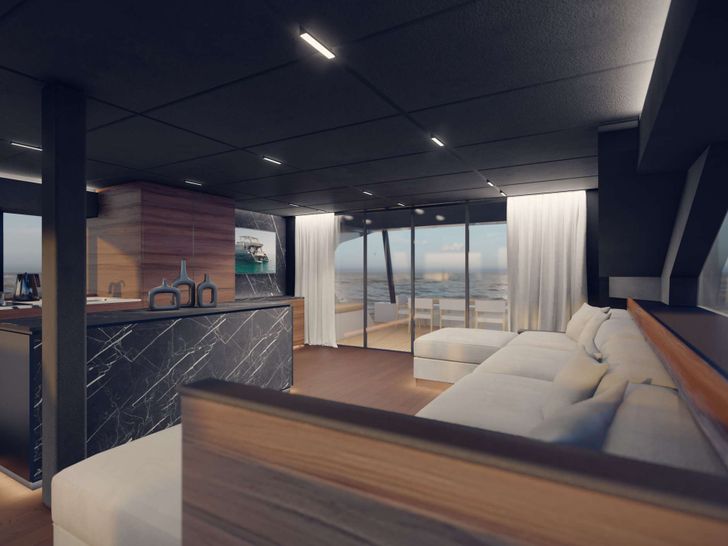 MISTRAL - Moon Yacht 65,saloon and galley panoramic view