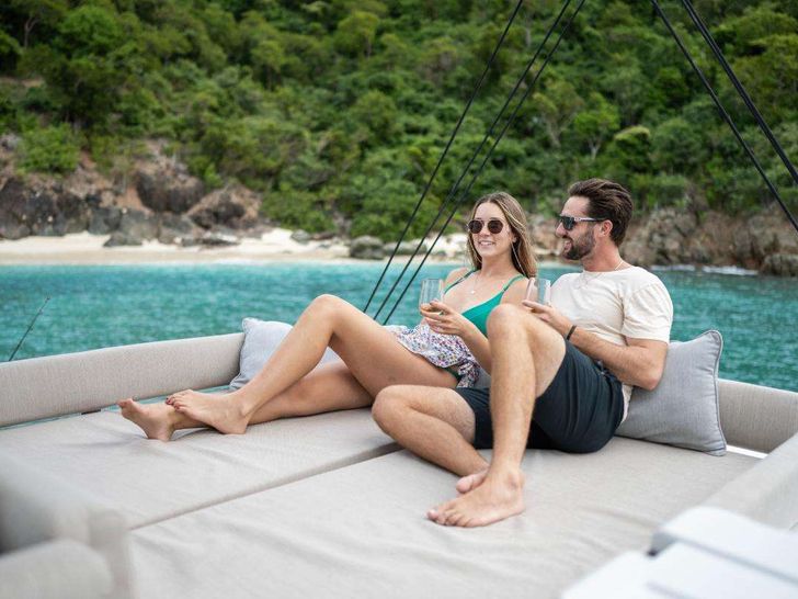 APRICITY Bali 4.6 - guests on the flybridge bronzing area APRICITY Bali 4.6 - guests on the flybridge bronzing area