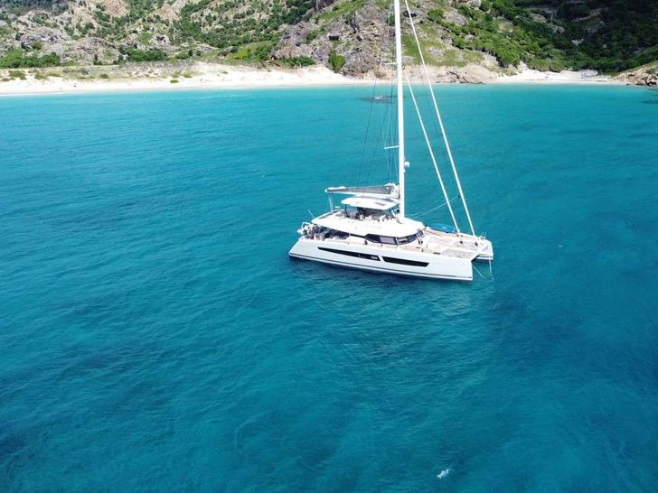 JEWEL Fountaine Pajot Alegria 67 - aerial shot with waterline JEWEL Fountaine Pajot Alegria 67 - aerial shot with waterline