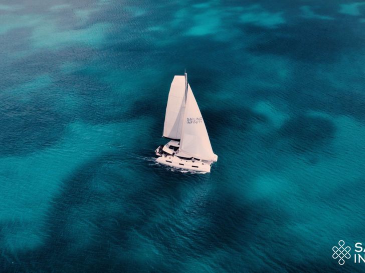 INFINITY Lagoon 46 - aerial shot cruising INFINITY Lagoon 46 - aerial shot cruising