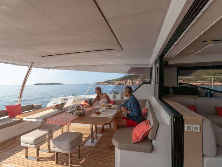 STEPHANIE Fountaine Pajot Alegria 67 guests on the aft deck