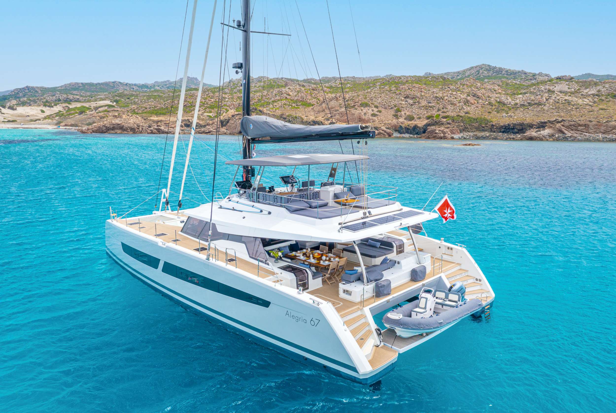 SEMPER FIDELIS Fountaine Pajot Alegria 67 - master cabin anchored aft shot