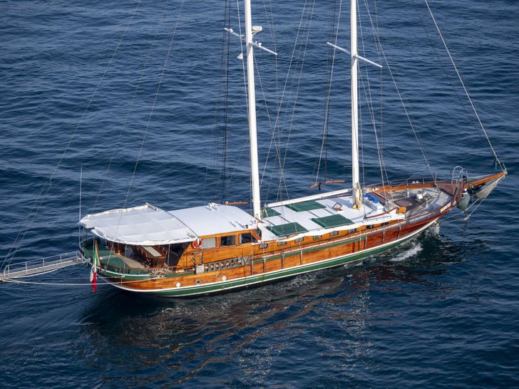 DERIYA DENIZ Custom Gulet 23m - aerial shot anchored DERIYA DENIZ Custom Gulet 23m - aerial shot anchored