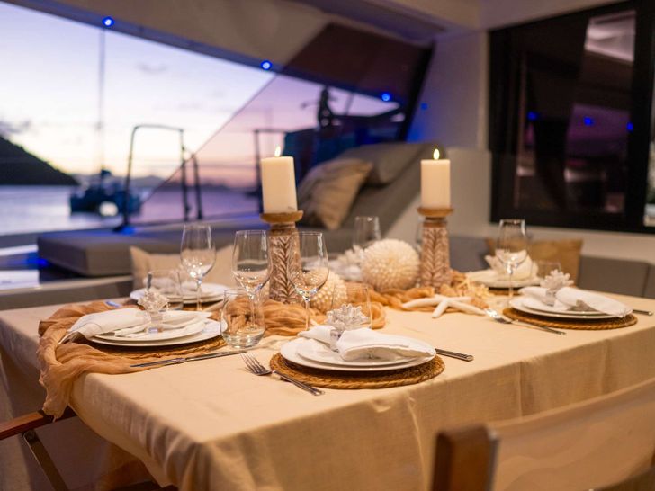 LIQUID SKY Fountaine Pajot Alegria 67 - aft alfresco dining set up LIQUID SKY Fountaine Pajot Alegria 67 - aft alfresco dining set up