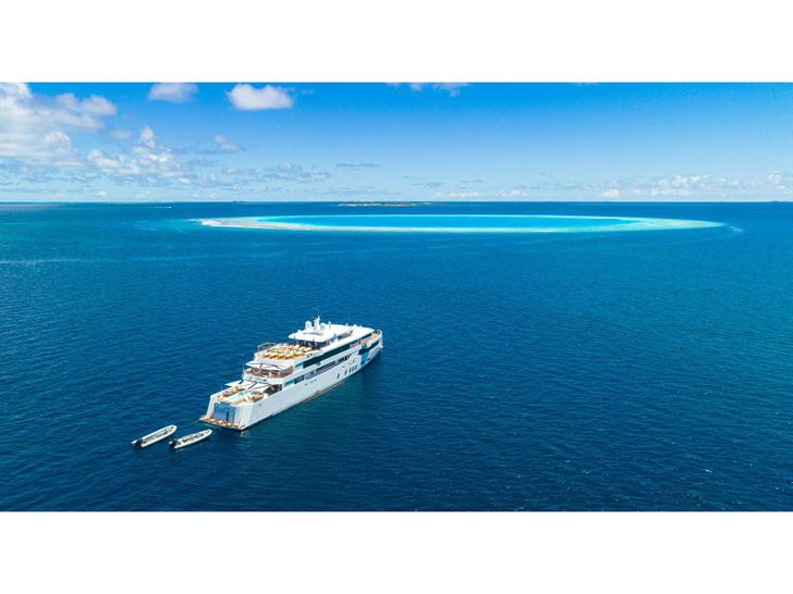WHITE PEARL Custom Yacht 56m - aerial shot anchored WHITE PEARL Custom Yacht 56m - aerial shot anchored
