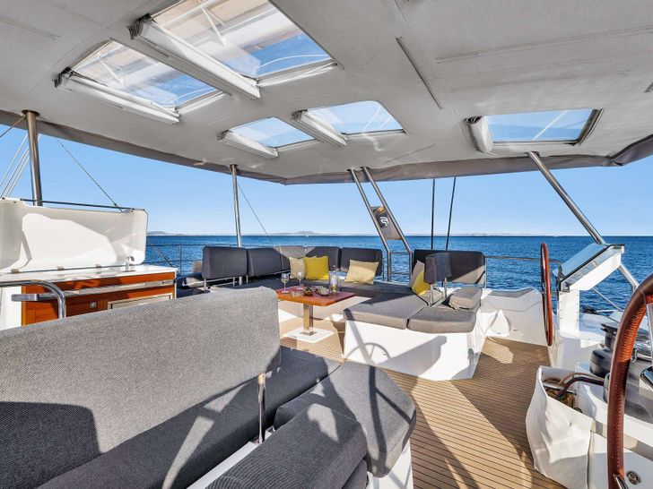 NEOW Fountaine Pajot Alegria 67 - flybridge seating view from the helm NEOW Fountaine Pajot Alegria 67 - flybridge seating view from the helm